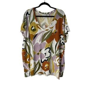 Rachel Zoe Linen Top Size 3X Multicolor Floral Summer Beach Vacation Boho Artsy